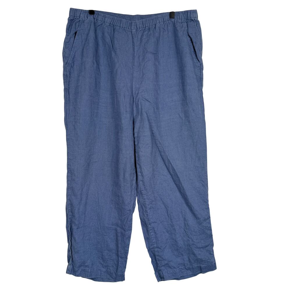 Eileen Fisher Organic Linen Straight Leg Pull-On High Rise Pants Blue - L
